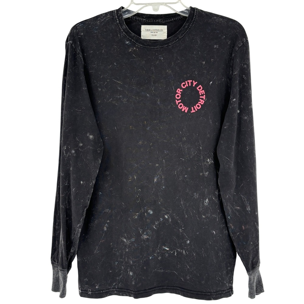 T Bar x Cotton On Black Acid Wash Long Sleeve Tee Motor City Detroit Mens XS